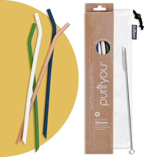 purifyou Extra Long 14.5" Reusable Silicone Straws, Flexible Tips, Cleaning Brush, Portable Case - Set of 4
