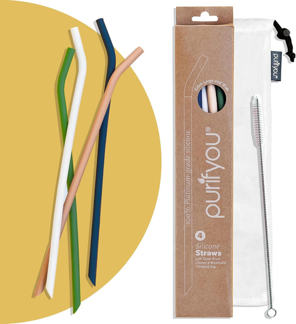 purifyou Extra Long 14.5" Reusable Silicone Straws, Flexible Tips, Cleaning Brush, Portable Case - Set of 4