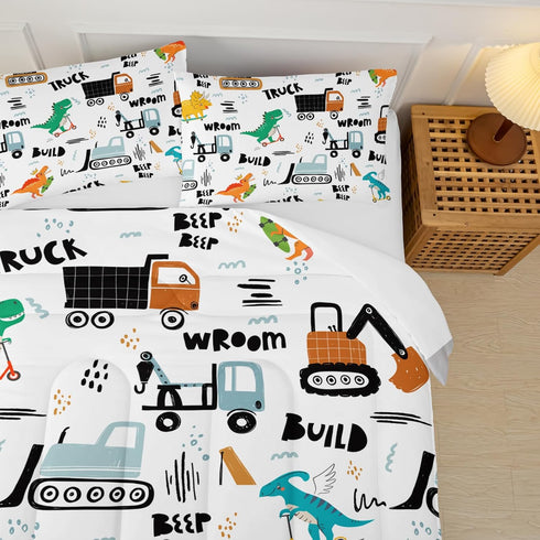 Set Set,Construction Set Set, Set Boys Excavator Comforter Full,Cartoon Bedding Comforter for Teen,Dinosaur Truck Quilt