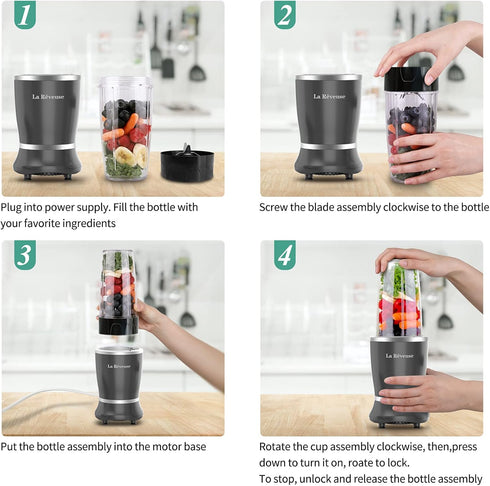 La Reveuse Personal Size Blender 250 Watts Power for Shakes, Smoothies, Sauces with 1 Piece 15 oz Cup & 1 Piece 10 oz