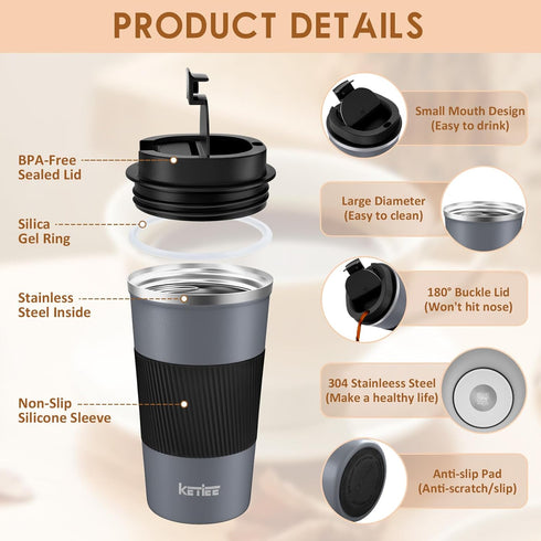 KETIEE Travel Coffee Mug, Spill Proof 12oz Insulated Reusable Coffee Cup with Seal Lid for Hot/Ice Drinks (Grey)