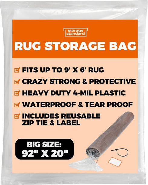 Heavy Duty Rug Storage Bag - Waterproof Plastic Cover for Rolled Carpet Up to 6 x 9 Feet, 4 Mil Thick - 1 Clear Bag, 92