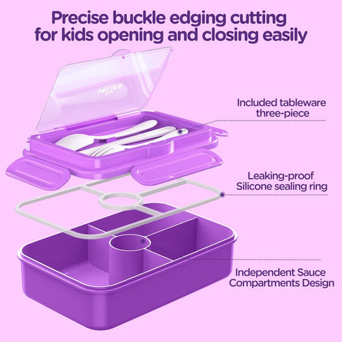 Jelife Lunch Box Kids Bento Box, Large Leakproof 4 Compartments Lunchbox with Utensils for Back to School, Purple