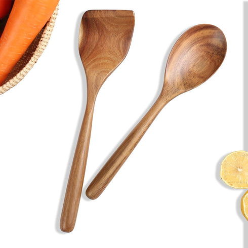 Wooden Cooking Spoon Utensils, 2pcs Set for Kitchen Cooking, Nonstick Cookware Spatulas