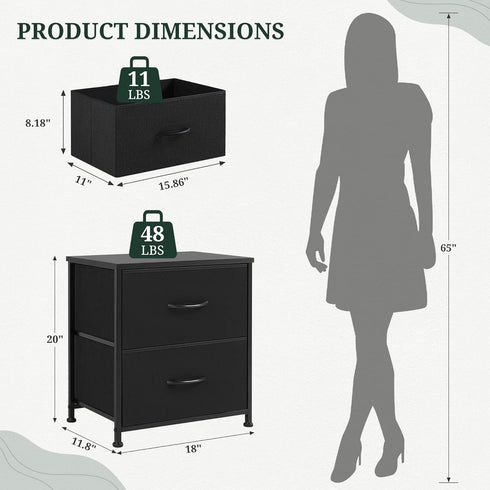 2 Closet, 11.8" 18" 20", Nightstand Upgraded, Small Drawer Dresser End Table Bedside Furniture, Wooden Top Fabric Bins