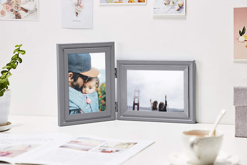 Vertical Horizontal Art Double 4x6 Grey Wood Foldable Picture Frame - 3.5x5.5 Opening