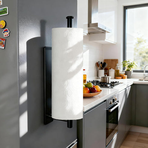 Magnetic Paper Towel Holder - No Drill, Black Paper Towel Roll Holder Magnet Towel Rack Wall Mount Fridge Organizer