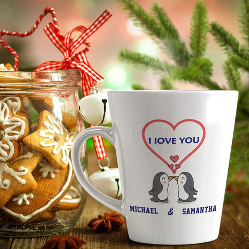 Personalized Custom Text Ceramic Latte Mug - I Love You Two Penguins, 12 Oz