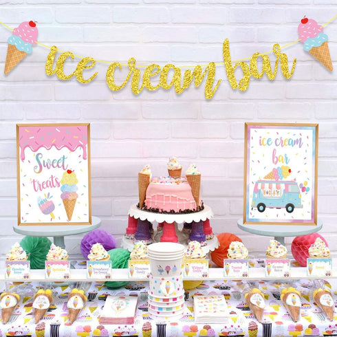 Ice Cream Bar Decor Kit, Summer Ice Cream Sundae Bar Glitter Banner, Food Labels for Party Supplies