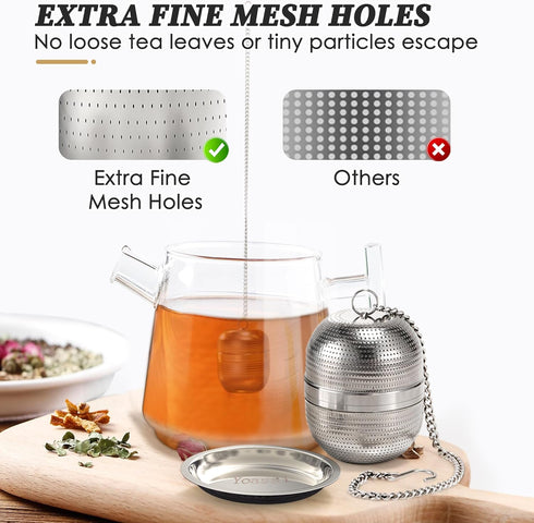 2 Pack Tea Infusers for Loose Tea, Extra Fine Mesh Stainless Steel Tea Strainers with Extended Chain Hook and Drip Tray