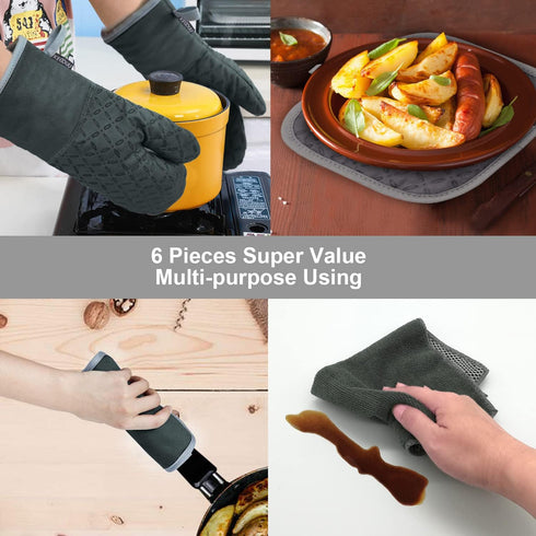 KEGOUU Oven Mitts and Pot Holders 6pcs Set, High Heat Resistant Kitchen Oven Gloves (Deep Green)