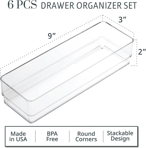 STORi SimpleSort 6-Piece Stackable Clear Drawer Organizer Set, 9" x 3" x 2" Rectangle Trays