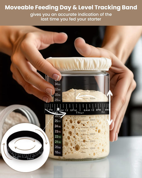 PITCH + PULSE 40Oz Sourdough Starter Jar Kit, Sourdough Bread Baking Container with Date Marked Feeding Band