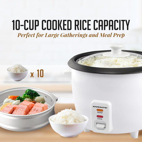 OVENTE Electric Rice Cooker, 10 cups Cooked (5 cups Uncooked), White, with Food Steamer Basket & Automatic Keep Warm