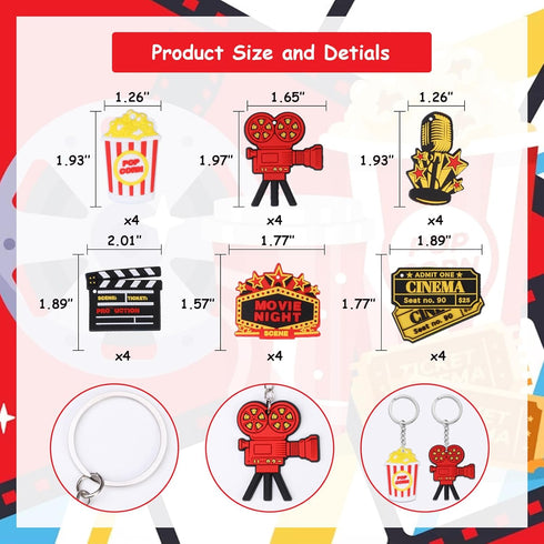 24PCS Movie Night Keychains, Party Favors Include Clapboard Microphone Ticket Popcorn Projector for Birthday Decorations
