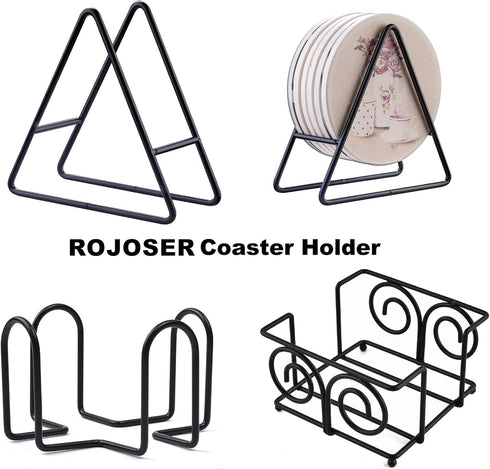 ROJOSER Black Iron Metal Triangle Coaster Holder Caddy for Round & Square Coasters, Fits 4 to 9 Pieces, 4.3 Inch, 2PC