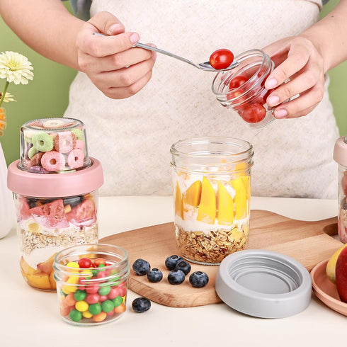 6 Pack 16 OZ Wells Overnight Oats Containers with Lids, Dual Layer Yogurt Containers with Dry and Wet Separation