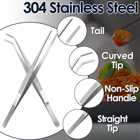 Gutsdoor Kitchen Tweezers Set of 2 Stainless Steel Tongs with Precision Serrated Tips for Cooking (8 Inch)