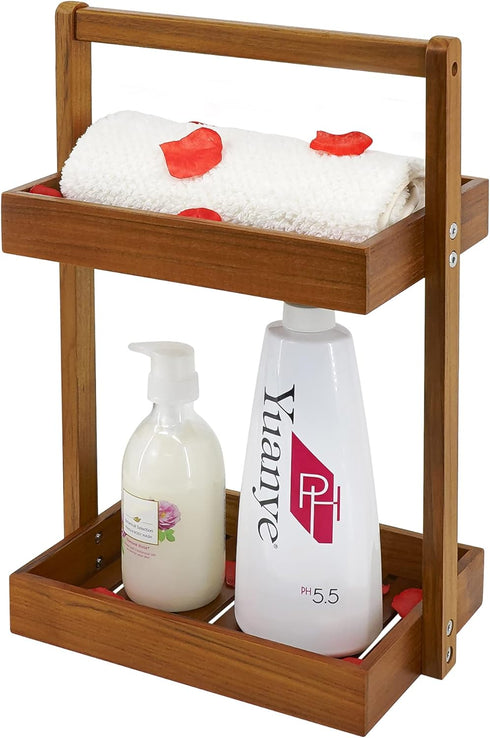 Utoplike Teak Wood Shower Caddy Corner, 2 Tier Bathroom Organizer Countertop, Standing