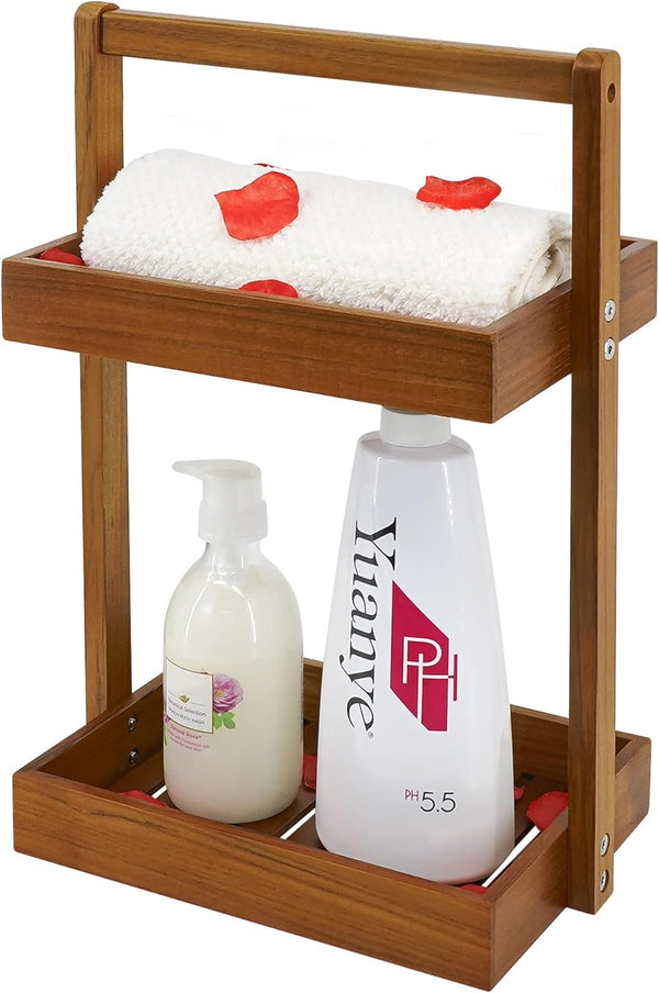 Utoplike Teak Wood Shower Caddy Corner, 2 Tier Bathroom Organizer Countertop, Standing
