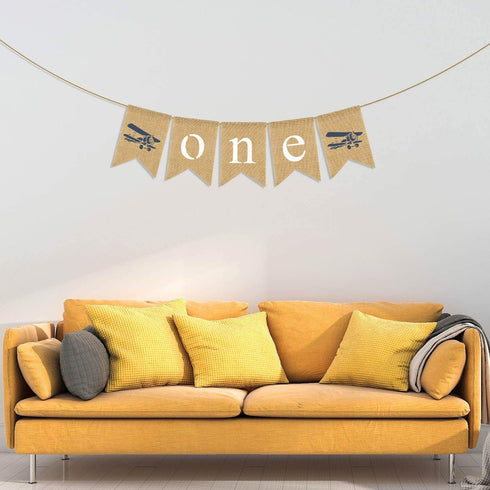 Rainlemon 1st Jute Burlap Airplane Theme One High Chair Banner Boy Birthday Party Highchair Decoraiton