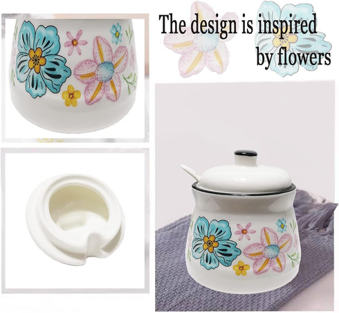 MaoYaMao 12oz Ceramic Sugar Bowl with Lid and Spoon Sugar Container Sugar Holder for Coffee Bar,Home and Kitchen
