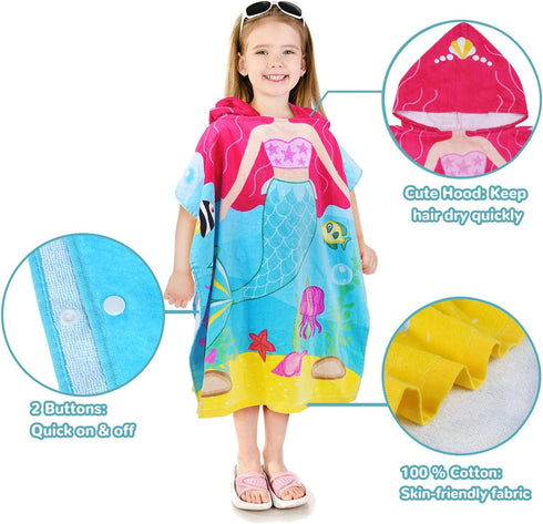 Catalonia Mermaid Hooded Bath Towel for Girl 2-6 Years Old, 100% Cotton Swim Poncho Towel, Sand Proof Beach Pool Towel