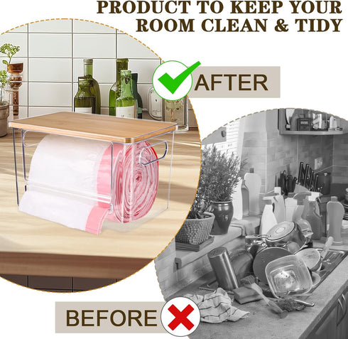 Trash Bag Dispenser, Trash Bag Holder Dispenser with Bamboo Top, Extra Large Garbage Bags Holder Organizer Under Sink