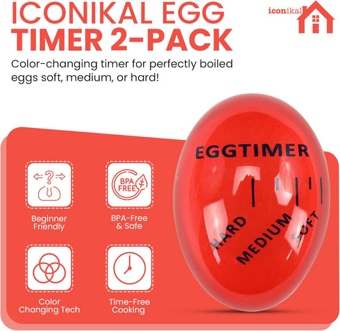 2-Pack, Iconikal Egg Timer BPA Free Color Changing for Soft or Hard Boiled Eggs