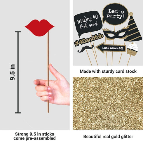 Fully Assembled 40th Birthday Photo Booth Props, Set of 30 - Black & Gold Selfie Signs for 40th Party Supplies