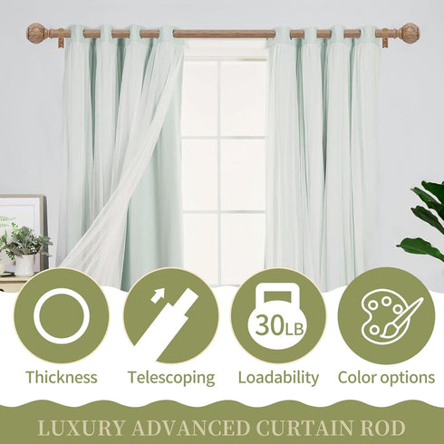 Wood Curtain Rods for Windows, 28 to 48 Inch Adjustable Heavy Duty Drapery Rods