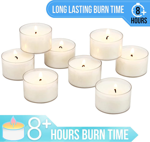 Stonebriar 48 Count White Unscented Smokeless Long Burning Clear Cup Tea Light Candles with 8 Hour Burn Time