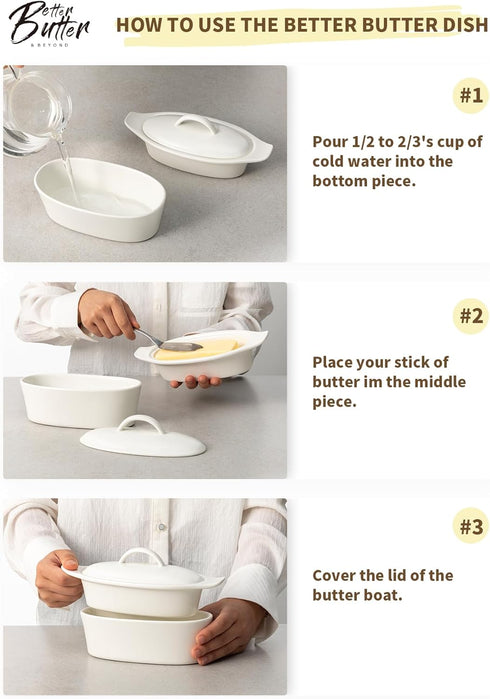 Butter Dish with Lid for Countertop, Porcelain White, 3pcs Large Butter Keeper Container for Daily Storage