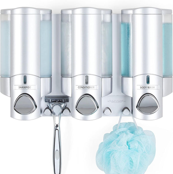 Better Living Aviva 3 Chamber Shower Dispenser, Wall Mount, 3 x 11 oz, Satin Silver, No Drill