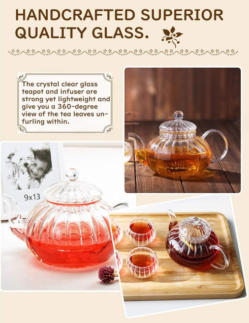 IwaiLoft NEW Glass Teapot with Infuser, Stovetop Safe Tea Kettle, 20OZ Blooming Tea Maker, Pumpkin