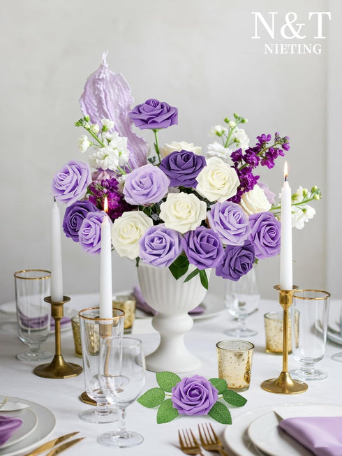 N&T NIETING 25pcs Artificial Flowers Rose with Stems for DIY Wedding Bouquets & Home Decoration, Series Purple