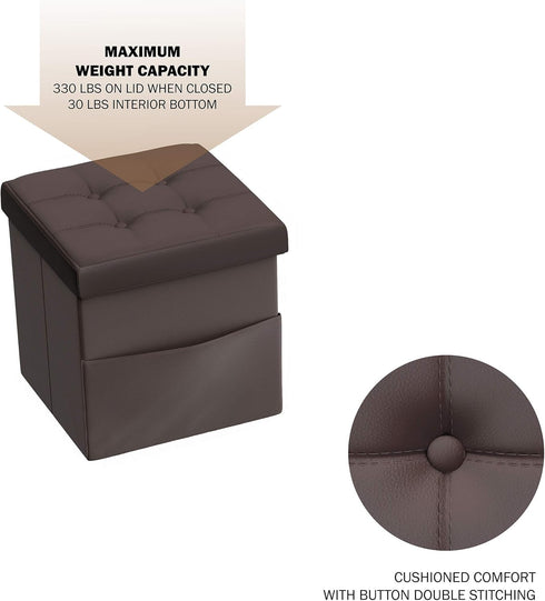 Lavish Home Foldable Storage Cube Ottoman with Pocket Tufted Faux Leather Footrest Organizer for Bedroom, Living Room