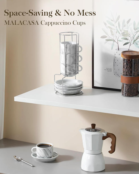 4 OZ Set 4, Set MALACASA Porcelain Espresso Cups with Saucers and Metal Stand of Stackable Cappuccino Cups, Marble Gray
