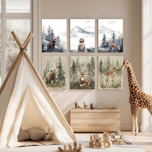 kilamino 12"x16"x3 Neutral Woodland Wild Animal Wall Art, Cute Bear Fox Nursery Wall Decor, Adventure Boy Poster