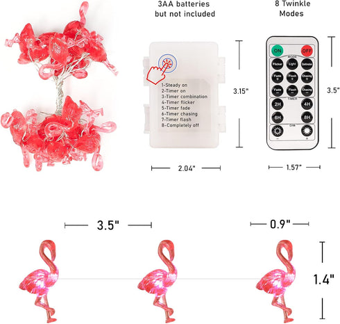 Pink Flamingo String Lights - 10ft Battery Operated Fairy Lights with Remote, 30 LEDs for Summer Tropic Themed Home