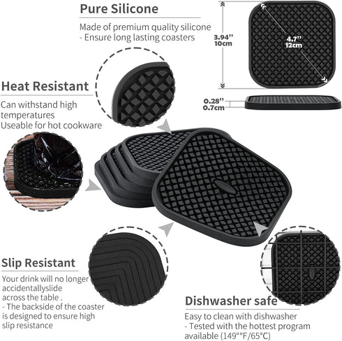 IYYI Silicone Coasters Set of 6, Drink Coasters with Holder, Non-Slip Cup Mat, Deep Tray Absorbent Coaster, Heat