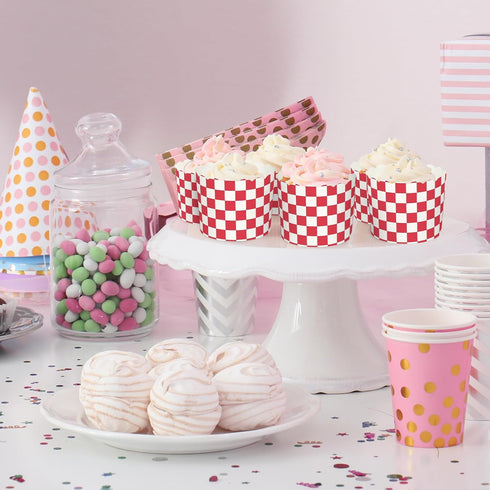 100Pcs Red Plaid Paper Baking Cups, White Red Checkered Cupcake Wrappers for Party Supplies