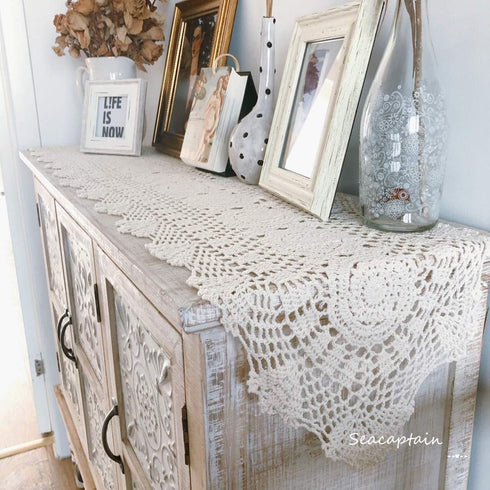 Hetao 12x35 100% Cotton Handmade Crochet Lace Table Runners, Oblong Tablecloth Doilies, Beige