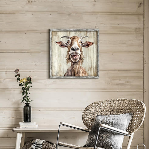20 20 Inch Farmhouse Goat Wall Art Framed: Animal Portrait Print Decor Rustic Wood Nursery Painting Picture Funny Farm