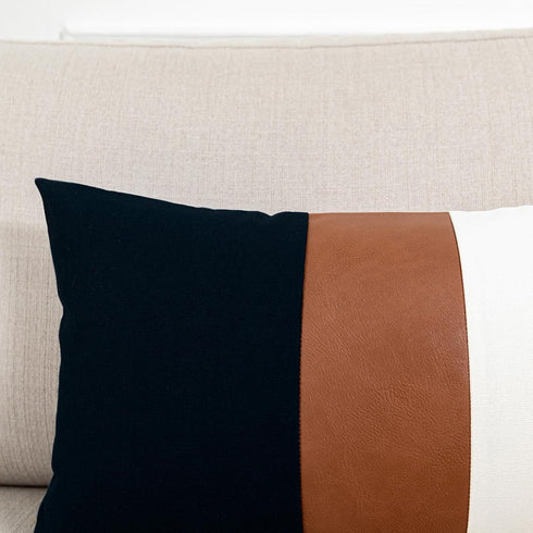 12x20 Set 2, Lumbar Pillow Covers of Reversible Black White Cotton & Brown Leather Patchwork Pillow Case for Sofa Bed