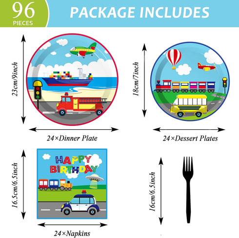 96 Set 24 gisgfim Pcs Transportation Plates and Napkins Party Supplies Car Tableware Bus Train Plane Ship Traffic Light