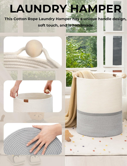 StorageWorks 72L Cotton Rope Laundry Basket with Wooden Beads Handles, Woven Storage for Dirty Clothes, White & Grey