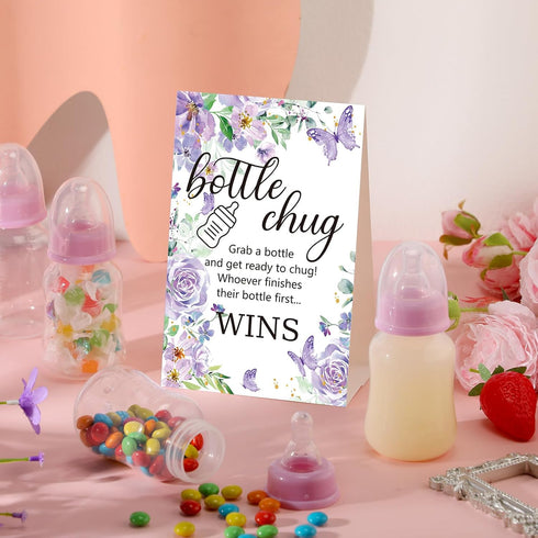 TrelaCo Baby Shower Game Sign, 20 Pcs Baby Bottles Favor Set with Greenery Flowers, Bear, Butterfly (Purple, Butterfly)