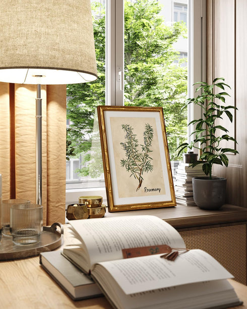 11x14inch InSimSea Gold Bamboo Framed Canvas Wall Art, Retro Herbs Rosemary Botanical Paintings, Antique Vintage