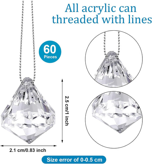 60 Pieces Acrylic Crystal Ball Christmas Tree Ornaments, Acrylic Diamond Pendants with Silver Thread for Decorations